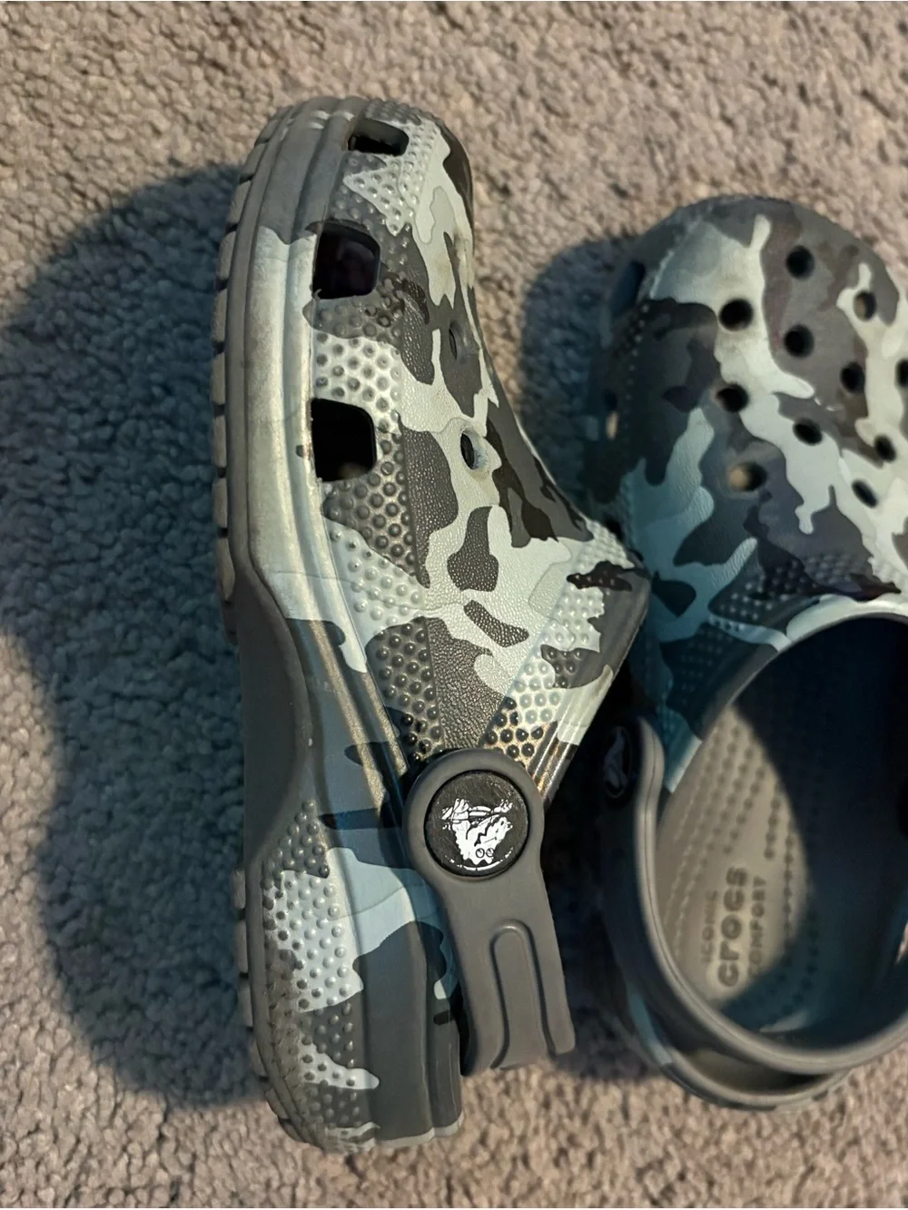Black and grey camo Crocs 10c